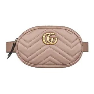 【GUCCI 古馳】GUCCI Marmont雙G LOGO W字紋車線牛皮拉鍊胸腰包(小/裸粉)