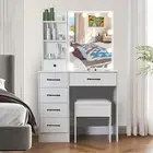 LED Dressing Table White - Large Mirror Makeup Desk with 6 Drawers