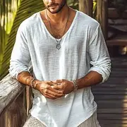 Men's Tee Top Linen-Like T-shirt Long Sleeve Crew Neck Summer Spring Plain Fashion Designer Basic Soft Vacation Casual Casual Daily White Top Tee for Men
