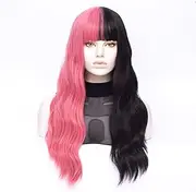 Morticia Long Loose Wavy Half Pink and Half Black Full Bang 28 Inch Wig