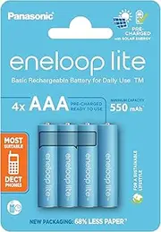Panasonic eneloop lite Ready-to-Use NI-MH Battery, AAA/Micro, Pack of 4, Min. 550 mAh, 3000 Charging Cycles Lifetime with Low Self-Discharge, Rechargeable Battery in 100% Plastic-Free Packaging