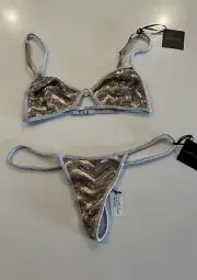 Love Haus By Beach Bunny Size Small Heather Grey Nude Sequin Bralette Thong Set