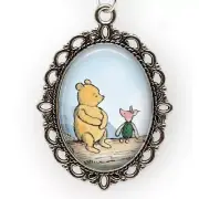 Winnie The Pooh & Piglet Glass Top Oval Pendant Necklace Chain Photo Jewelry