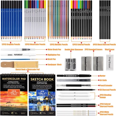 Art Supplies Drawing Pencils Set 76 Pack Pro Sketching Kit Sketchbook Watercolor