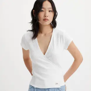 【LEVIS 官方旗艦】女款 修身版深V領綁帶短袖T恤 簡約白 熱賣單品 A5909-0000