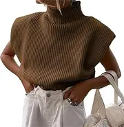[Qolkmuiy-GJ] Women Ribbed Knitted Turtleneck Vest Simple Solid Color Sweater Pullover Waistcoat Cable Knit Sleeveless Gilet