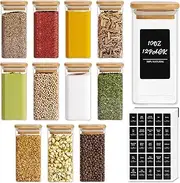 ComSaf 12Pcs Glass Spice Jars with Bamboo Lid, 10oz Airtight Square Containers with 275 Black Lables, Empty Seasoning Jars for Spice Salt Sugar, Square/10oz/12pcs