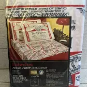 Budweiser Print Bed Fitted Sheet Twin Size Perma Prest Muslin 39x75" Vintage NOS