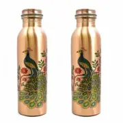 Copper Bottles for Water, 1 Litre / Peacock Print / Set of -2