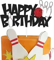 Bowling Cake Topper Happy Birthday Sign Cake Decorations for Bowling Ball Themed Kids Boy Girl Man Women Birthday Party Supplies Double Sided Glitter Black Decor