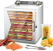 6/8/12 Tray Stainless Steel Food Dehydrator, Fruit Dryer Machine with Food Clip Dried Fruit Jar, Adjustable 35-90℃, 12h Timer, Easy Clean, Jerky Dehydrators for Herb, Meat 12 Layers