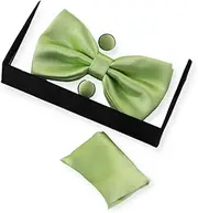 [Zasel] Mens Pastel Green Matching Bow Tie, Pocket Square & Cuff Links Set
