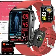 Blood Glucose Smart Watch, Fitness Watch with Blood Sugar Rate Blood Pressure Oxygen Temperature Monitor, 1.7" HD Waterproof Smart Bracelet for Android & iOS,Red