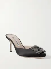 [Manolo Blahnik] Manolo Blahnik - Hangisimu 70 Embellished Satin Mules - Black - IT40 IT 40 Black