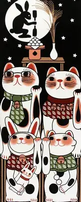 Japanese Traditional Handtowel TENUGUI 35" H Tapestry ManekiNeko OTSUKIMI MOON