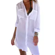 Womens Ruffled Beach Blouse with Pockets - White