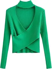 [LiFBeauTiFuL] Fashion Hollow Out Knit Sweater Vintage High Neck Long Sleeve Female Pullovers Chic Tops (Color : Green, Size : Small)