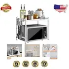 Adjustable Height Microwave Stand with Hooks - Easy Install Kitchen Shelf