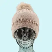 Adrienne Landau Hat Beanie Blush Wool Blend Embellished Faux Fur Outdoor!