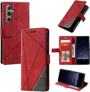 Design Piece of Leather-Like Wallet Phone Case for Samsung Galaxy S24 with Card Slots, Cash Pocket, Kickstand and Magnetic Lock (Red)