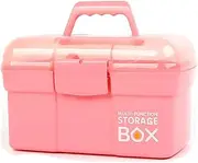 Clear Plastic Medium Sewing Box Organiser with a Removable Tray, Arts & Crafts Supplies Storage Box, Portable Handled Makeup Box, Multipurpose Plastic Storage Containers (Pink)