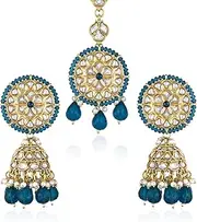 [Aheli] Kundan & Beads Studded Blue Jhumki Earrings with Maangtikka Set Ethnic Fashion Jewellery for Women, One Size, Metal, No Gemstone