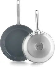 GreenPan Treviso Stainless Steel Induction Suitable Healthy Ceramic Nonstick, Frying Pan/Skillet Set, 24 cm and 28 cm, Silver