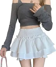 [Risipu] Women's Black Skirt Mini Skirt with Ruffles Stretch Waist Elastic A Line Skirt Perfect for Leisure Beach and Party Short Skirt Women in Black (White-L), Black, L