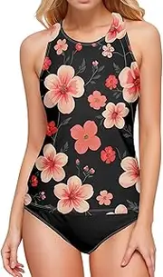 [Joisal] High Neck Tankini, Womens Swim Tops with Bra Built in, Elegant Floral Black White Tankini Swimsuits for Women, Small