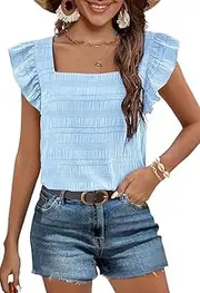 [Placitiume] Women's Summer Ruffle Cap Sleeve Blouse - Square Neck Textured Shirt Dressy Casual Tops for 2024 Summer Fashin