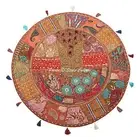 Ethnic Round Floor Cushion Cover Vintage Patchwork Brown 28x28 Cotton Pouffe