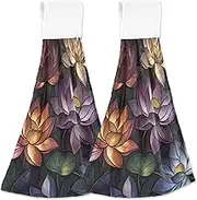 Colorful Lotus Hand Towel with Loops for Hanging Soft Absorbent Oven Tie Towels Set of 2, Custom Fall Kitchen Towels Cute 18.2 x 14 Inch
