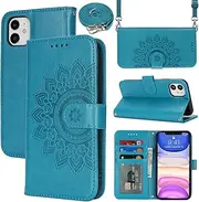 Cavor Crossbody Wallet for iPhone 11 6.1'' PU Leather Case Magnetic 3D Embossed Flower Women Flip Kickstand with Card Holder Shoulder Lanyard Protective Cover-Long Strap Flower Sky Blue
