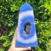Blue Druzy Agate Crystal Tower, 7", 415 Grams, Blue Banded Agate Tower