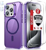 LeYi for iPhone-15-Pro Case: Shockproof Support Magnetic Charging with 2 X Tmepered Glass Screen Protection & 2 X Camera Lens Protector, Thin Militray-Grade Protection para iPhone 15 Pro Case, Purple
