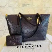 COACH Ava Signature Patent Leather tote Shoulder Bag / Corner Zip Wallet Oxblood
