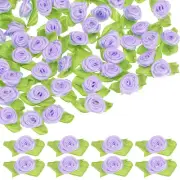 200-Pack Mini Ribbon Roses, Satin Ribbon with Green Leaves[Light Light Purple]