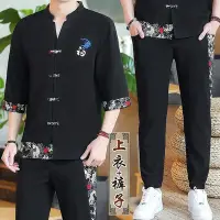 在飛比找Yahoo!奇摩拍賣優惠-中國風男士套裝夏季潮流男裝七分袖套裝休閒薄透氣復古唐裝