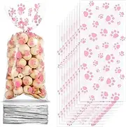 Blulu 100 Pieces Pet Paw Cone Cellophane Bags Heat Sealable Candy Dog Paw Gift Cat Treat Bags with 100 Pieces Silver Twist Ties for Pet Treat Party Favor(Pink)