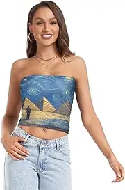 [RPLIFE] Mystic Pyramids Starry Sky Blue Cropped Tube Top Strapless Tops Women, Sheer Tube Tops, Sexy Tube Tops (S)