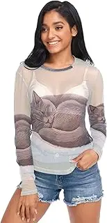 [RPLIFE] Gray Cat Mesh Tops, Long Sleeve Sequin Tops for Women Party S-XXL