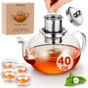 Glass Teapot Set TeaPot (40 OZ/1200ml) with 4 Double Wall Teacups & Removabl