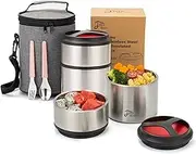 Lille Home 1500ml Thermos Food Flask, Vacuum Insulated Stackable Stainless Steel Thermal Lunch/Snack Box, 2-Tier Bento/Food Container with Lunch Bag (Red)