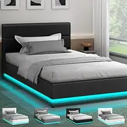 ALFORDSON Bed Frame Single Size with LED Light & Gas Lift Storage Base, Bed Platform Foundation with Linen Fabric Tufted Headboard for Mattress Topper, Max 200kg, Bertold Fabric Charcoal