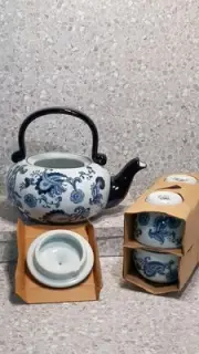 Pier 1 Imports Teapot Set 4 Cups Japanese Asian Tea Blue White Paisley
