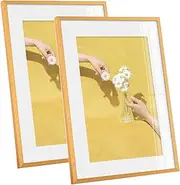 SHAAX 2 Pack A4 Aluminum Photo Frame with Ivory Color Mat, Display Pictures 6x8 with Mat or 8.3x11.7 Without Mat, Metal Picture Frame Collection (Golden)