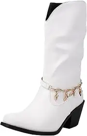[XIEPP] Women's Slip-on Chunky Heel Mid Calf Boots Retro Cowboy Boots