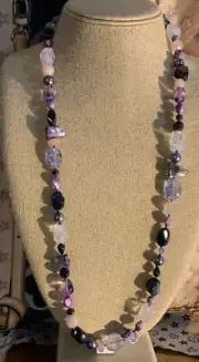 Artisan Mix Gemstone Amethyst Quartz Goldstone Onyx Beaded Sterling Necklace 34”