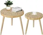 Round Coffee Table Set of 2, Farmhouse Nesting Coffee Table, Small Circle Wood C