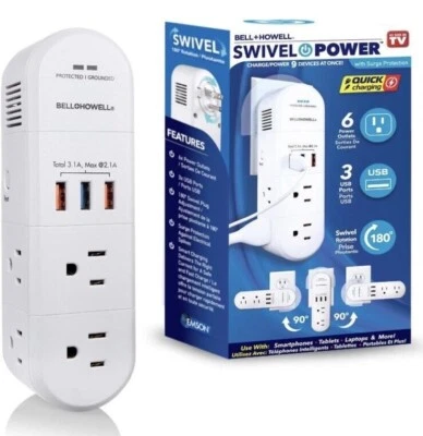 Swivel Power by Bell+Howell Power Strip Rapid Charging Station USB Outlet Extend